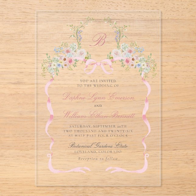 Invitaciones Acrílicas Monogrammed Bows and Florals Wedding (Anverso)