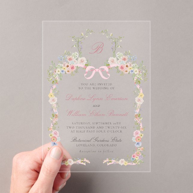 Invitaciones Acrílicas Monogrammed Pink Bows and Wildflowers Wedding (Insitu (portátil))