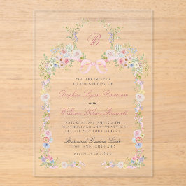 Invitaciones Acrílicas Monogrammed Pink Bows and Wildflowers Wedding
