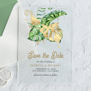 Invitaciones Acrílicas Monstera Palma Tropical Boda Guardar la Fecha