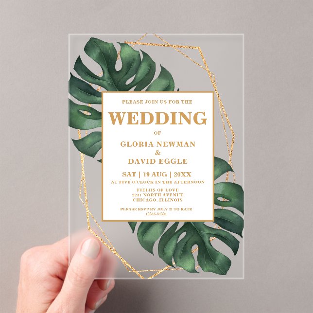 Invitaciones Acrílicas Monstera Tropical Palm deja Boda (Insitu (portátil))