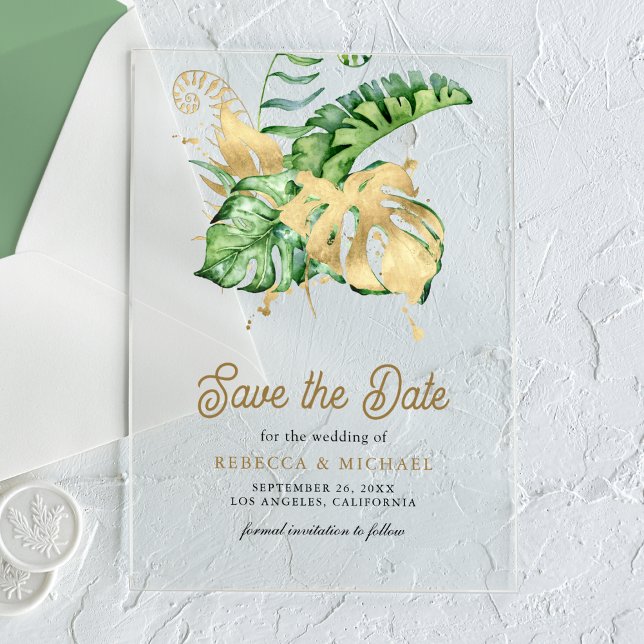 Invitaciones Acrílicas Monstera Tropical Palm Wedding Save the Date (Subido por el creador)