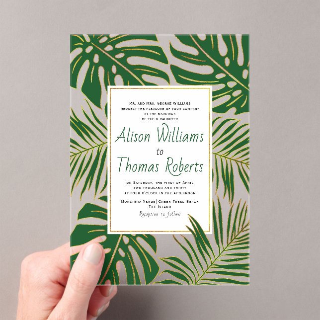 Invitaciones Acrílicas Monstruo tropical, hojas de palma boda de oro verd (Insitu (portátil))