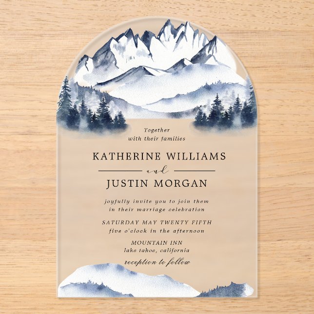 Invitaciones Acrílicas Montaña Rustic Blue Watercolor (Anverso)