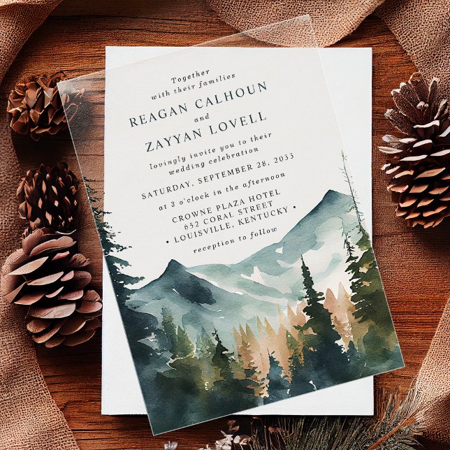 Invitaciones Acrílicas Montañas de Acuarela y Bodas Rústicas de Pinos (Subido por el creador)