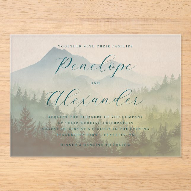 Invitaciones Acrílicas Montañas serenas de acuarela pastel (Anverso)