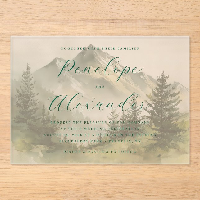 Invitaciones Acrílicas Montañas Tranquilas de Acuarela Verde (Anverso)