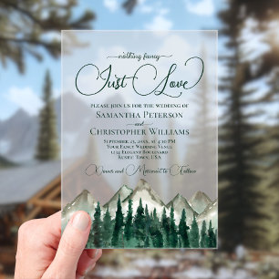 Invitaciones Acrílicas Montañas y Pino Nada Lujoso Solo Amor Boda