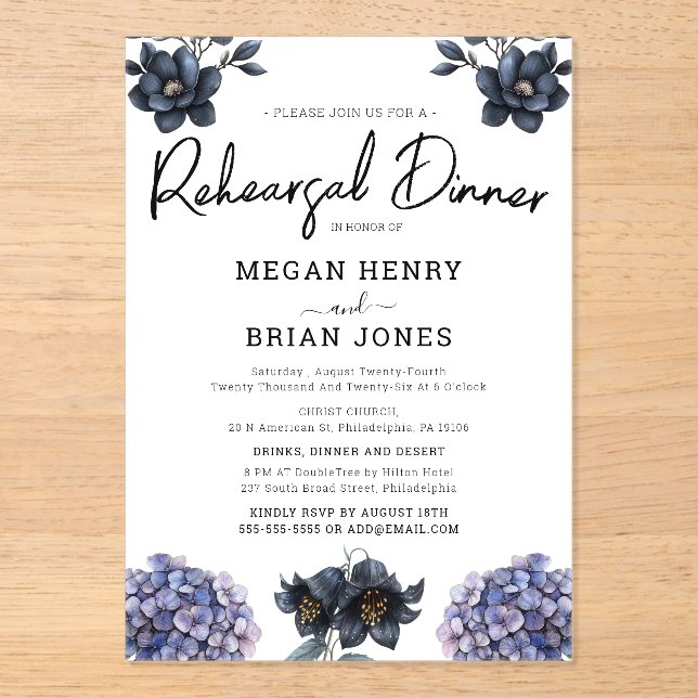 Invitaciones Acrílicas Moody Black Rose Classic Wedding Rehearsal Dinner (Anverso)