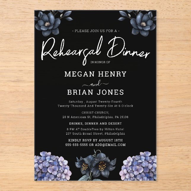 Invitaciones Acrílicas Moody Black Rose Classic Wedding Rehearsal Dinner (Anverso)