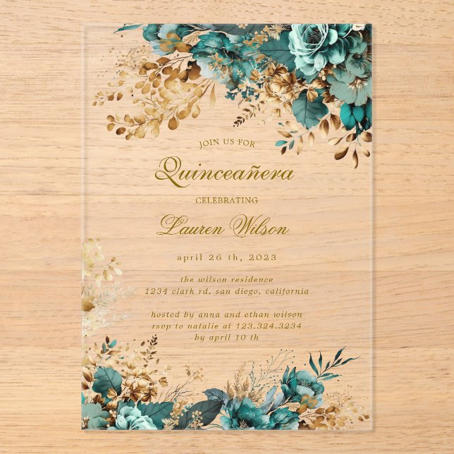Invitaciones Acrílicas Moody Floral Verde azulado Quinceañera (Anverso)