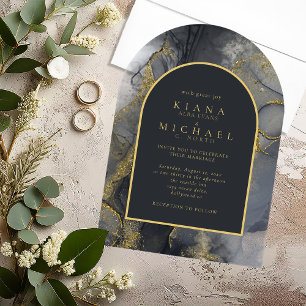 Invitaciones Acrílicas Moody Ink Charcoal Gold Abstract Arch ID988