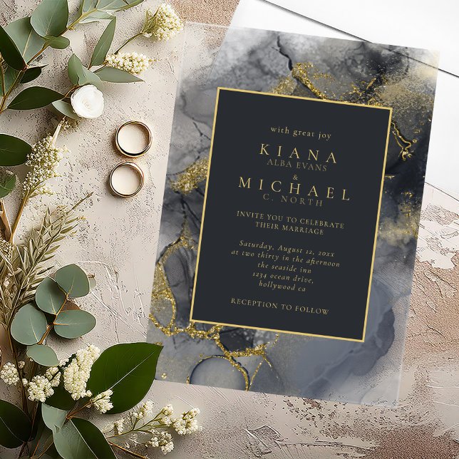 Invitaciones Acrílicas Moody Ink Charcoal Gold Abstract ID988 (Subido por el creador)