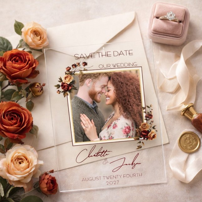 Invitaciones Acrílicas Moody Rust Rose Photo Autumn Wedding Save the Date (Subido por el creador)