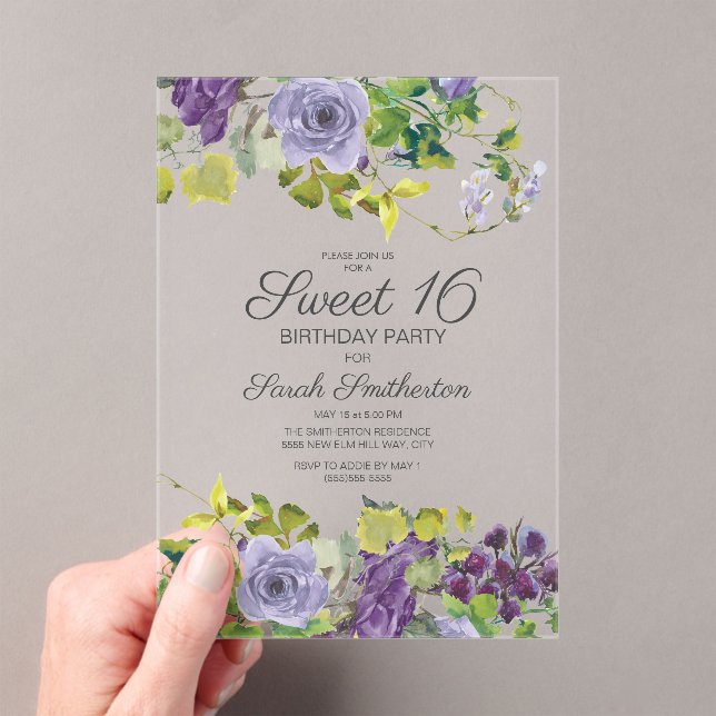 Invitaciones Acrílicas Morado acuarela Vinos florales Dulce 16 (Insitu (portátil))
