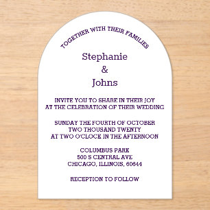 Invitaciones Acrílicas Morado Blanco Elegante Guión Moderno Boda sencillo