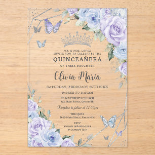 Invitaciones Acrílicas Morado Dusty Blue Floral Butterflies Quinceañera