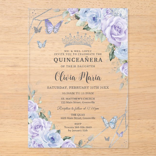 Invitaciones Acrílicas Morado Dusty Blue Floral Butterflies Quinceañera (Anverso)