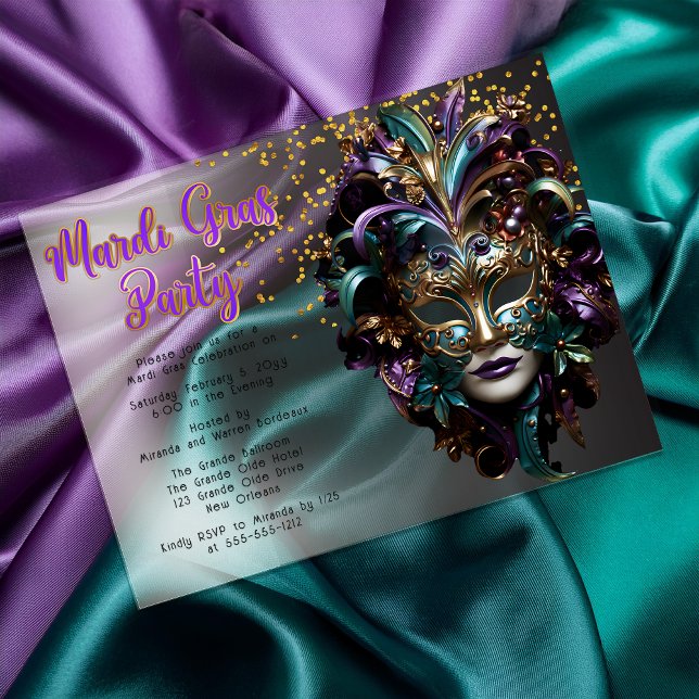 Invitaciones Acrílicas Morado | Fiesta Máscara Verde azulada de Mascarada (Purple and Teal Green Masquerade Mask Mardi Gras Party Acrylic Invitations)