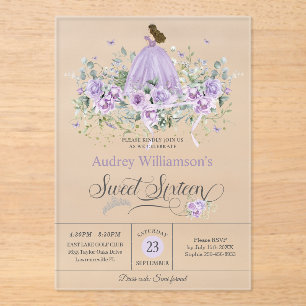Invitaciones Acrílicas Morado Lilac Floral Dulce Dieciséis Aniversario