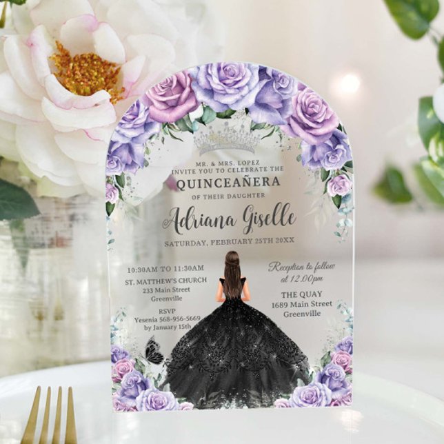 Invitaciones Acrílicas Morado Lilac Floral Negro Vestido Plata Quinceaner (Subido por el creador)