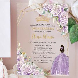 Invitaciones Acrílicas Morado Lilac Floral Princesa Dorada Quinceañera XV