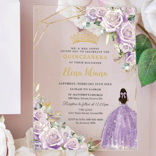 Invitaciones Acrílicas Morado Lilac Floral Princesa Oro Quinceanera 15