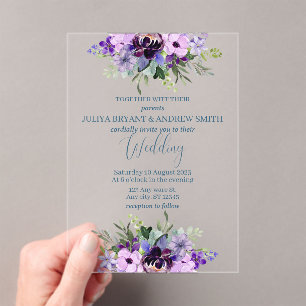 Invitaciones Acrílicas Morado y color de agua verde boda floral