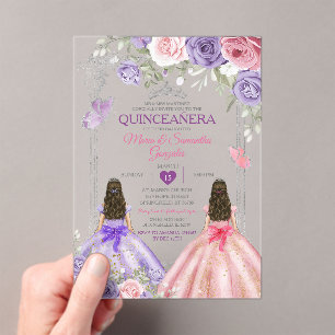 Invitaciones Acrílicas Morado Y Rosa De La Princesa Gemela De Plata