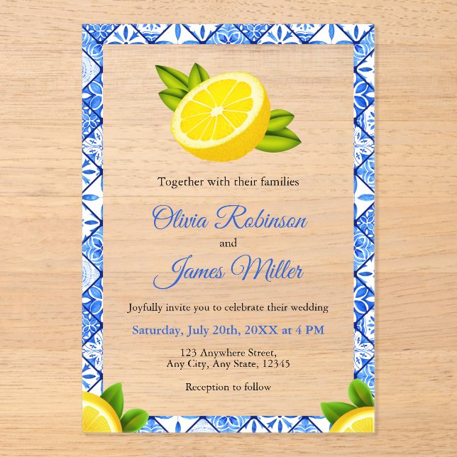 Invitaciones Acrílicas Mosaico azul italiano mediterráneo - Boda limón (Anverso)