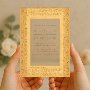 Invitaciones Acrílicas Motivos Jeroglíficos de Oro Antiguo Boda Egipcia