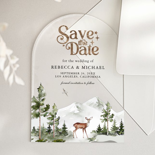 Invitaciones Acrílicas Mountain Forest Deer Wedding Save the Date (Subido por el creador)