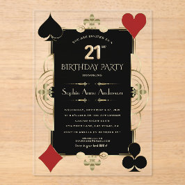 Invitaciones Acrílicas Mujer del Casino Art Déco Dorado Cumpleaños 21 Veg
