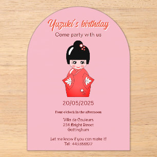 Invitaciones Acrílicas Muñeca japonesa fiesta de cumpleaños