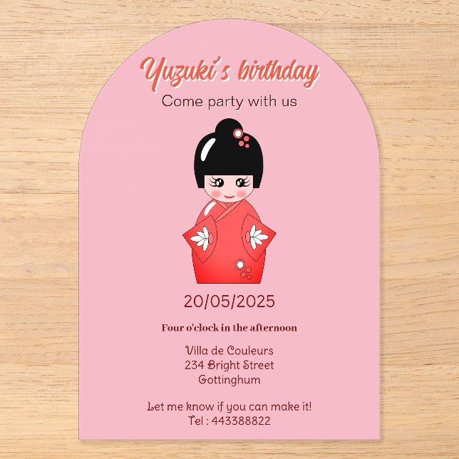 Invitaciones Acrílicas Muñeca japonesa fiesta de cumpleaños (Anverso)