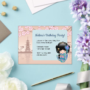 Invitaciones Acrílicas Muñeca Kokeshi Ventana Transparente Cumpleaños Bei