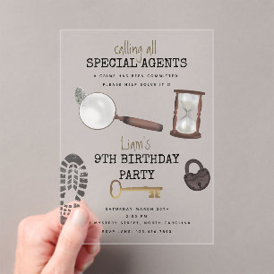 Invitaciones Acrílicas Mystery Kids Secret Agent Spy Detective Cumpleaños