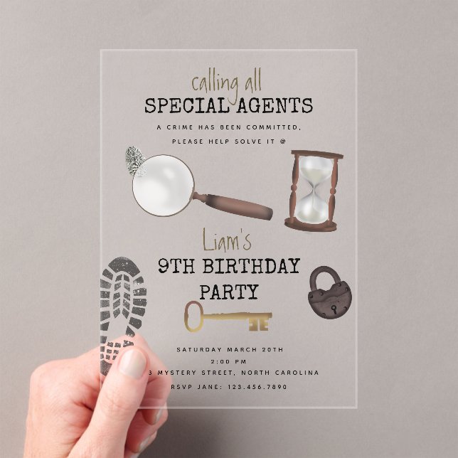 Invitaciones Acrílicas Mystery Kids Secret Agent Spy Detective Cumpleaños (Insitu (portátil))