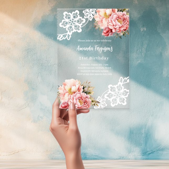 Invitaciones Acrílicas Nacimiento de encaje floral de melocotón rosa (Subido por el creador)