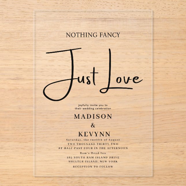 Invitaciones Acrílicas Nada Fancy Just Love Boda (Anverso)
