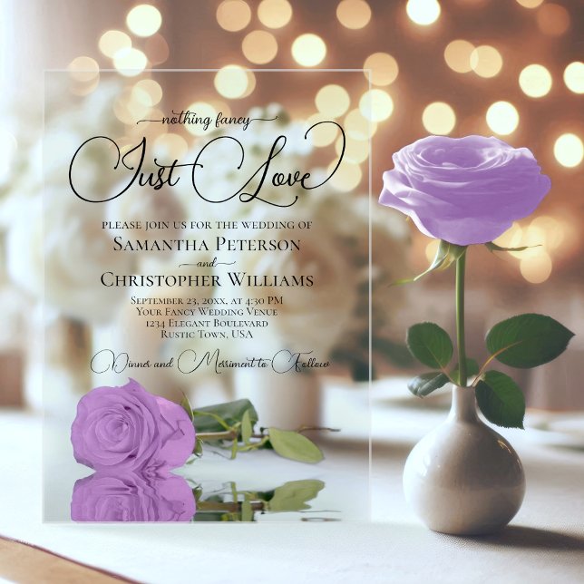Invitaciones Acrílicas Nada Fancy Love Just Love Lilac Purple Rosa Boda (Clear Acrylic with Rectangle Cut)