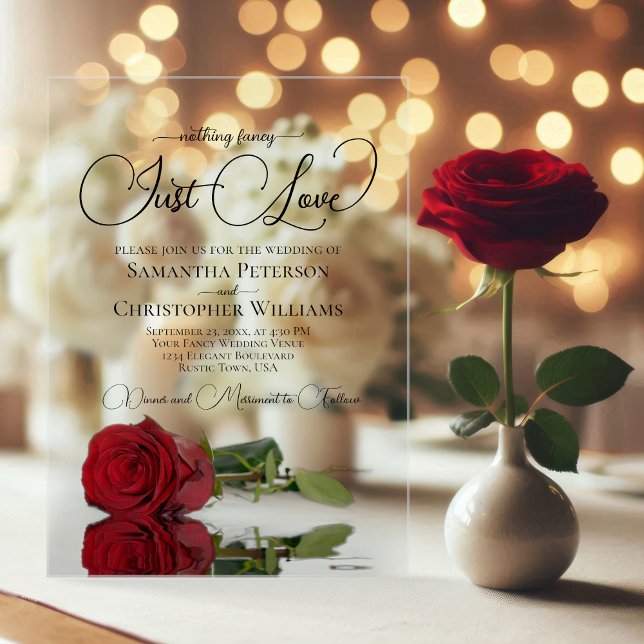 Invitaciones Acrílicas Nada Fancy Love Just Love Mirrored Red Rose Boda (Clear Acrylic with Rectangle Cut)