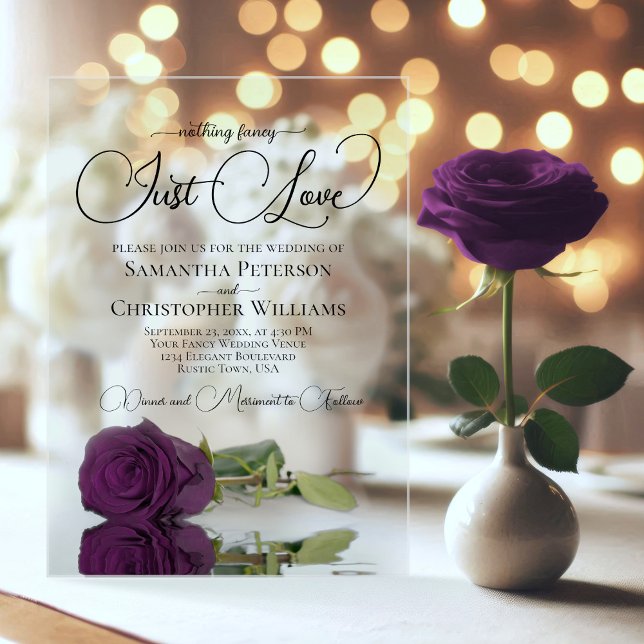 Invitaciones Acrílicas Nada Fancy Love Just Love Plum Purple Rosa Boda (Clear Acrylic with Rectangle Cut)