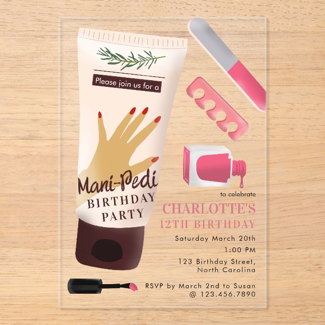 Invitaciones Acrílicas Nails Manicure Pedicure Mani Pedi Girls Birthday (Anverso)