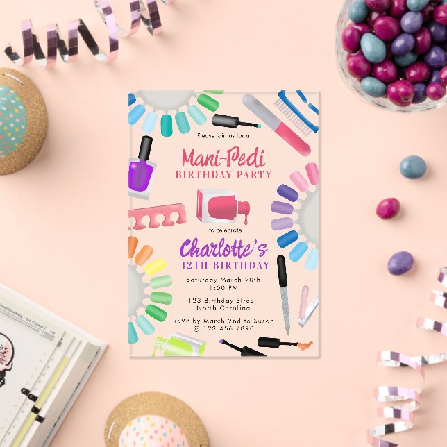 Invitaciones Acrílicas Nails Manicure Pedicure Mani Pedi Girls Birthday (Insitu (Celebración))