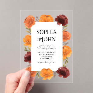 Invitaciones Acrílicas Naranja audaz Flores florecientes Boda transparent