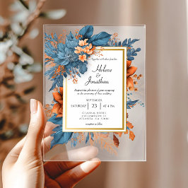 Invitaciones Acrílicas Naranja azul turbio floral elegante Boda Boho