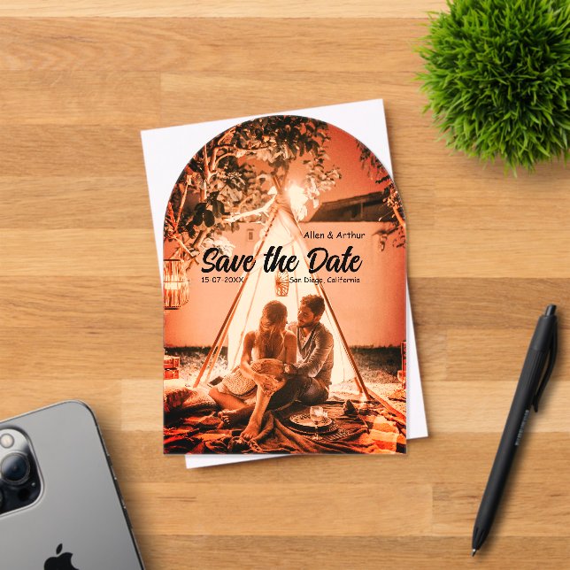 Invitaciones Acrílicas naranja boho guardar la fecha QR añadir foto del n (Insitu (Tarjeta de Invitación))