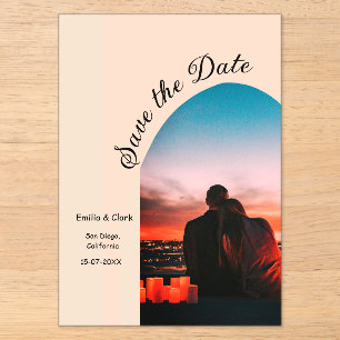Invitaciones Acrílicas naranja de fotografía de arco boho salva la fecha