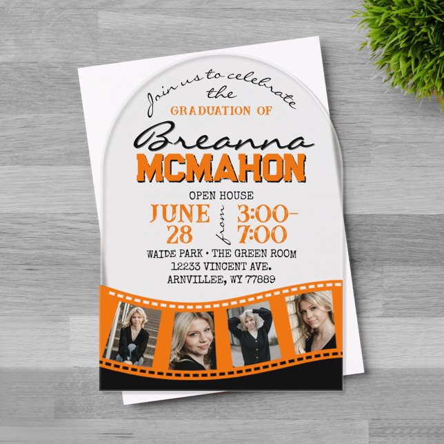 Invitaciones Acrílicas Naranja de tiras de película de graduación artísti (Arched Orange and Black 4 Photo Filmstrip Graduation Invitations on Frosted or Clear Acrylic)